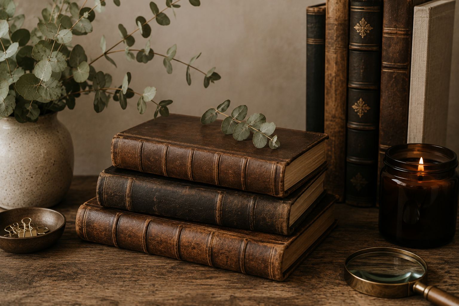 Antique books in a warm professional office setting