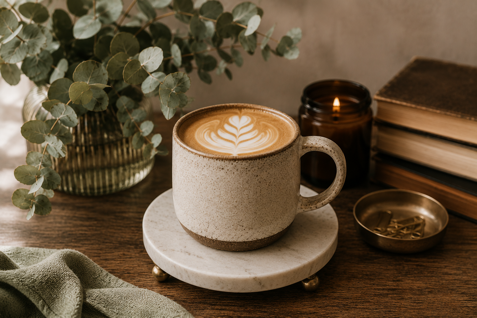 Coffee and books in a warm professional workspace