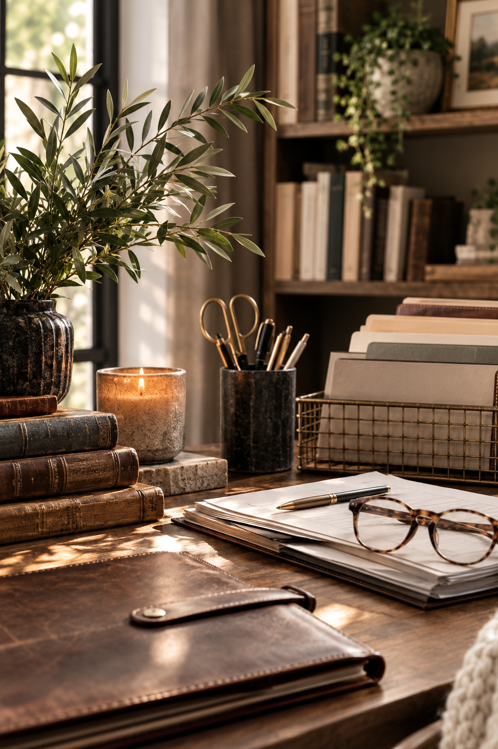 Organized professional workspace with real estate files and office supplies