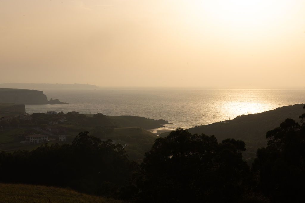 Puesta de sol sobre una costa brumosa, con el sol reflejándose en el agua tranquila y los árboles oscuros en primer plano.
