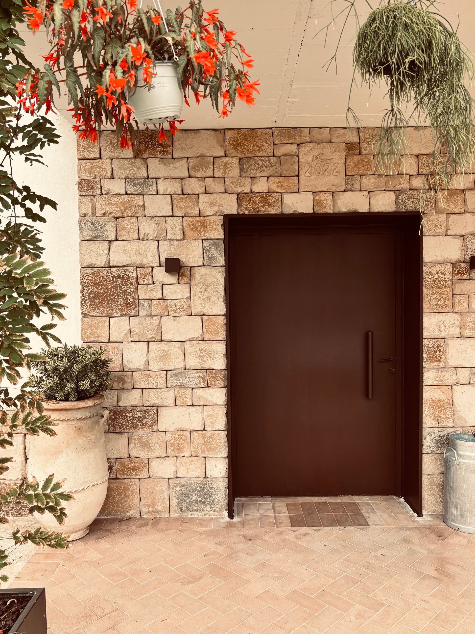 Entrada de piedra con puerta de color marrón oscuro, enmarcada por plantas en macetas y vegetación colgante en una pared de color beige.