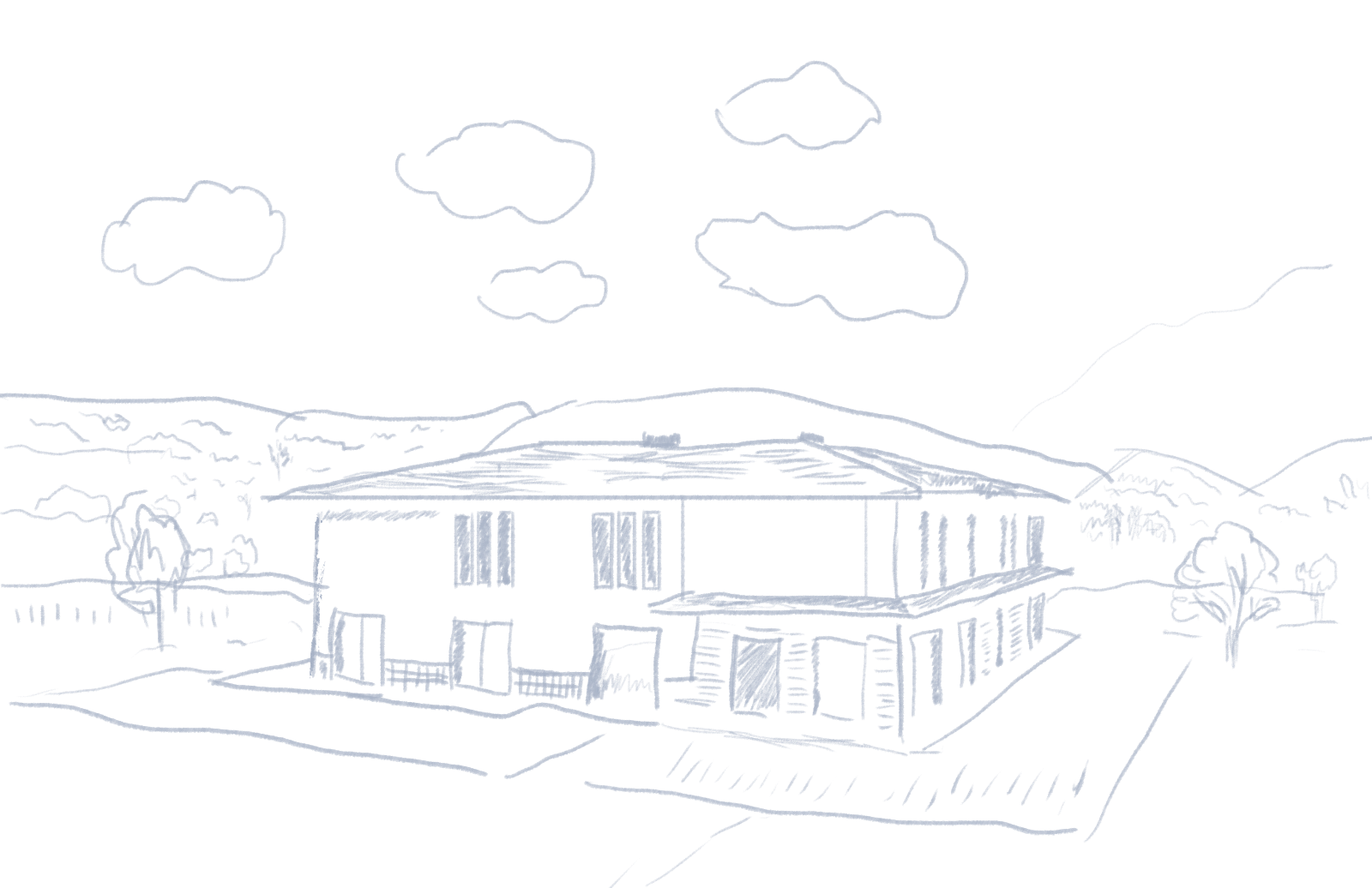 Boceto a lápiz de una casa moderna con árboles, nubes y montañas al fondo.