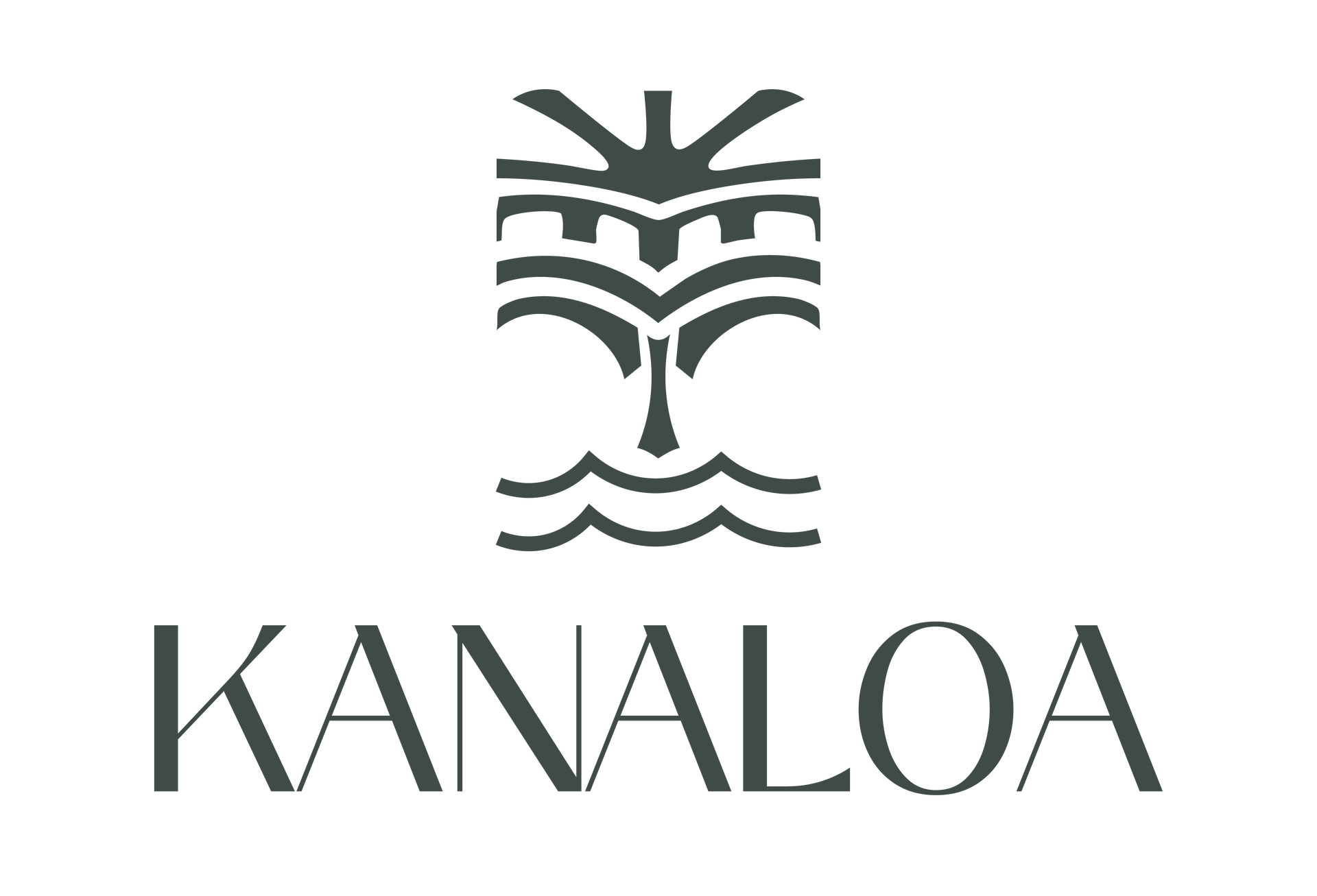 Logotipo de KANLOA con un rostro tropical estilizado y olas en gris oscuro sobre un fondo claro.