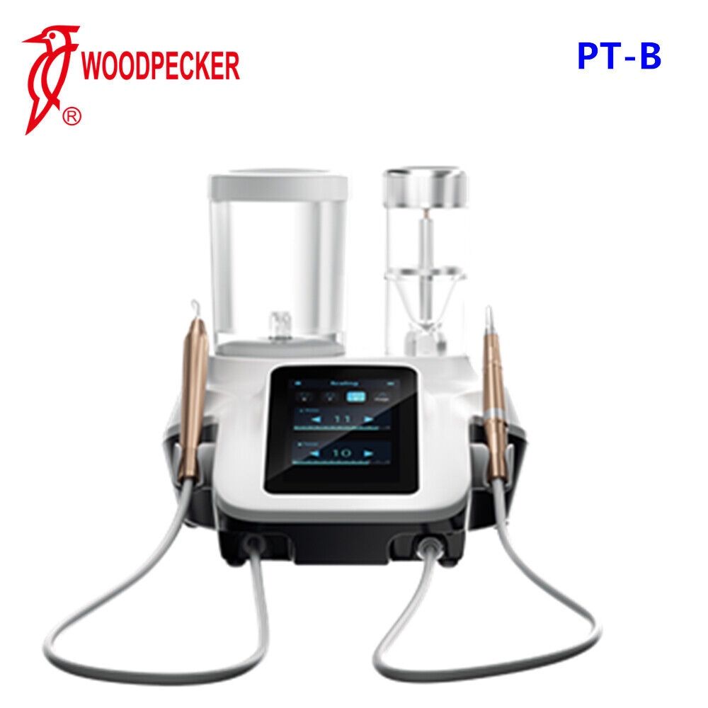 Tandheelkundig ultrasoon scaler-apparaat, Woodpecker PT-B, met twee handstukken, waterreservoirs en een touchscreen.