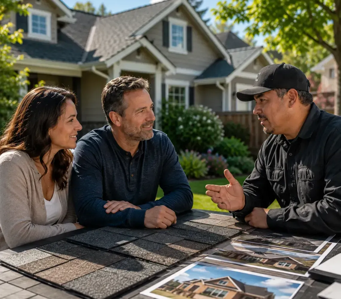 Three people review house plans at an outdoor table in front of a suburban home.