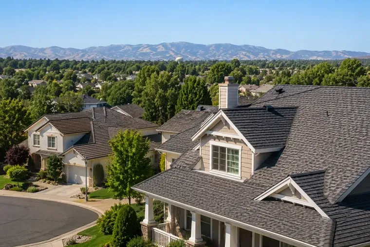 Suburban neighborhood with houses and green trees, with mountains in the background