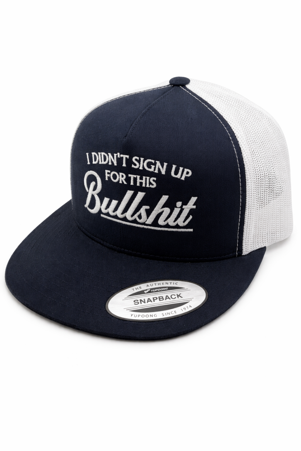 A navy and white trucker-style snapback hat featuring the white text 