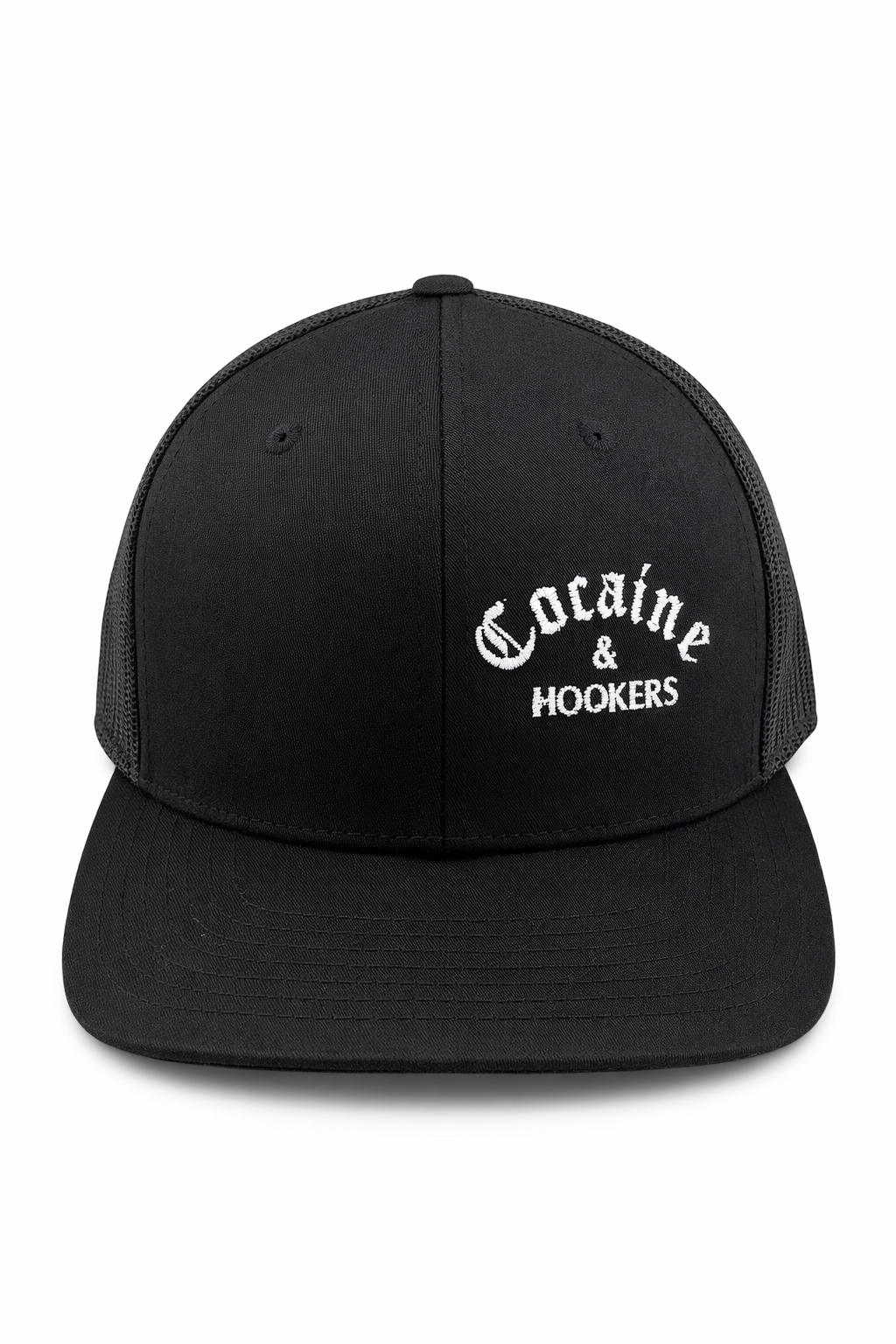 A black, structured mesh-back hat with 