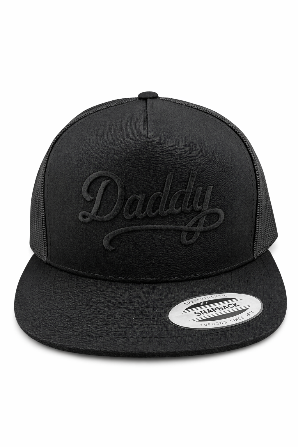 A black trucker-style cap with a flat brim and the word 