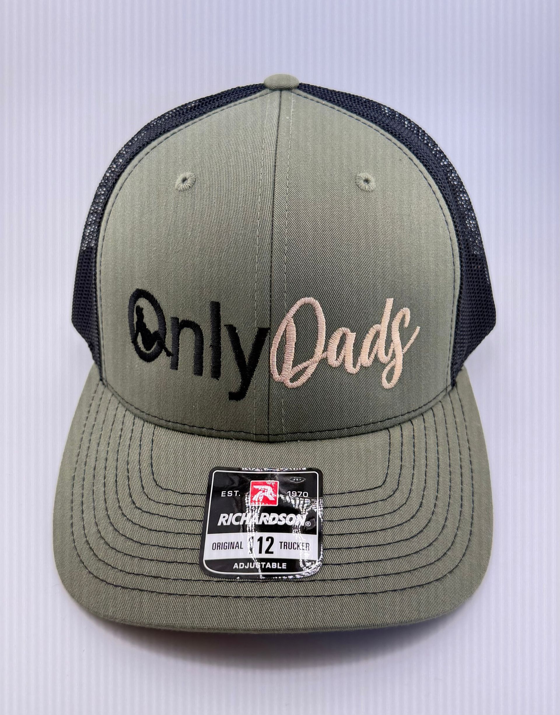 An olive green Richardson snapback trucker hat with 