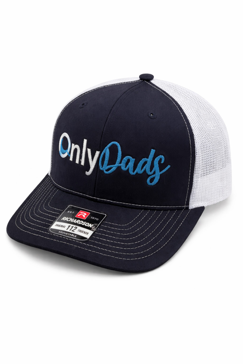 A navy blue and white trucker-style baseball cap featuring the text "OnlyDads" embroidered on the front.