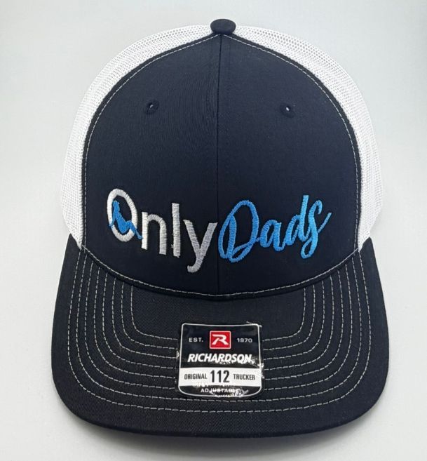 A dark grey and bright blue Richardson 112 trucker hat with the embroidered text