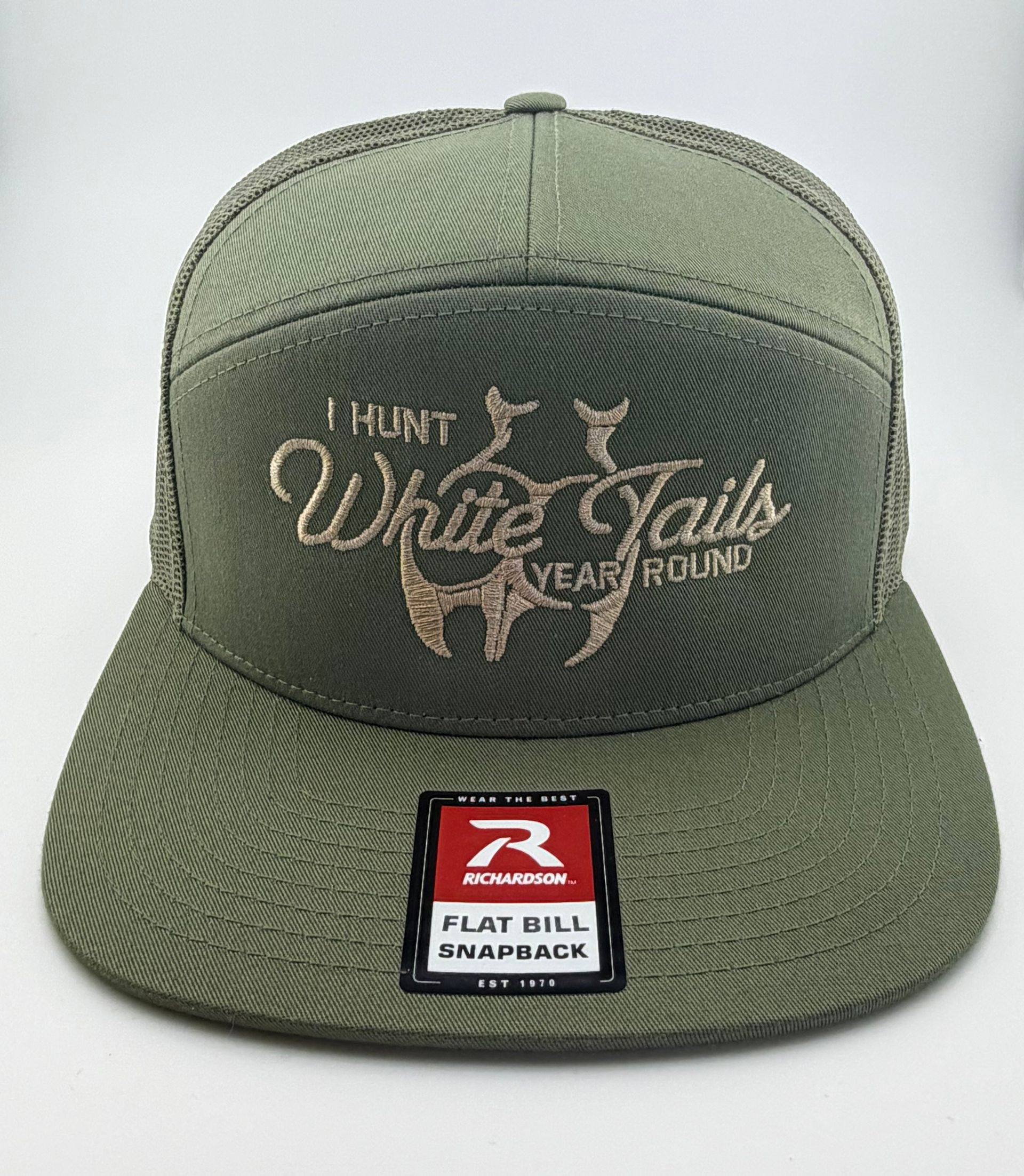 Olive green Richardson snapback hat with mesh back and embroidered 