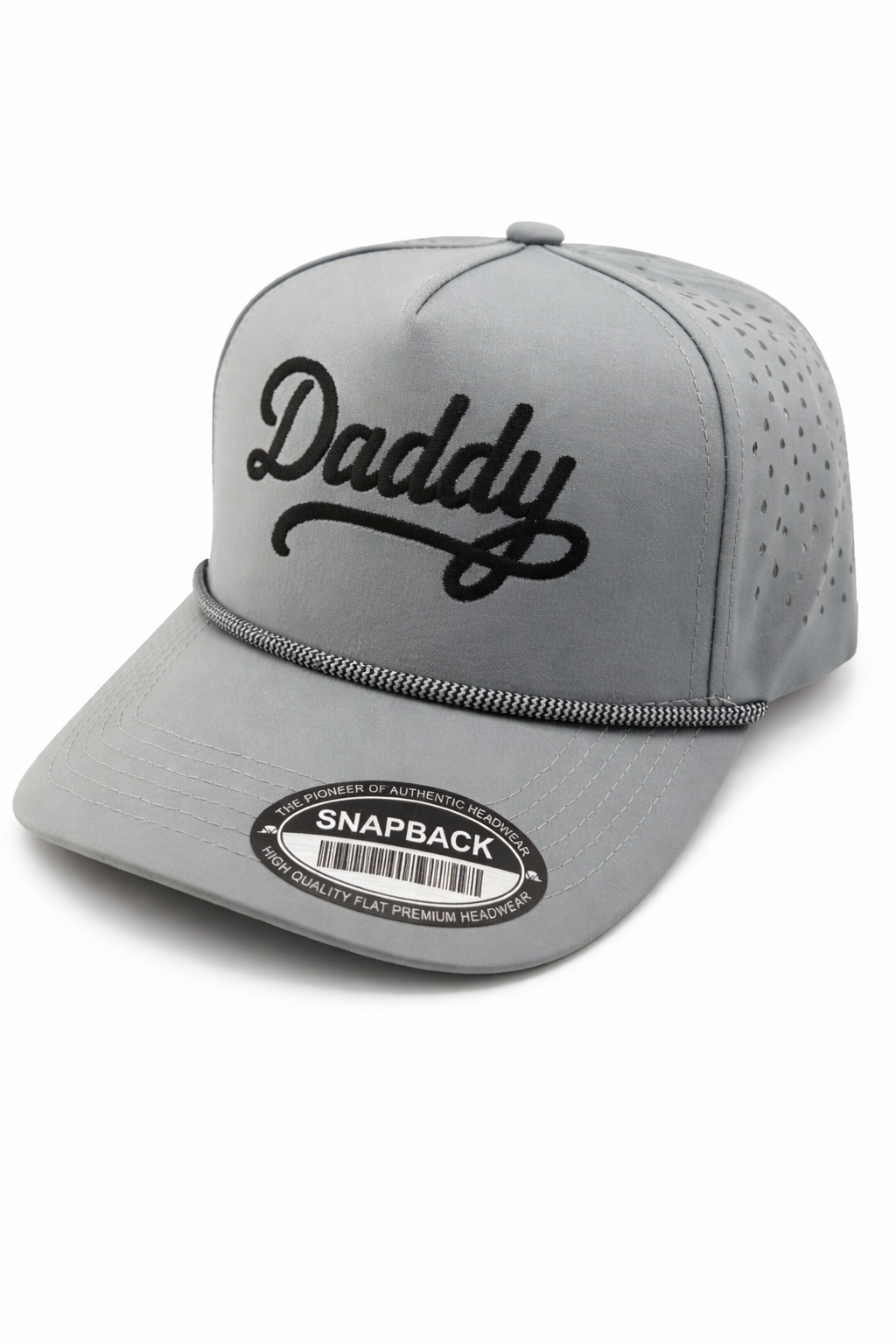 A gray snapback cap featuring the word 