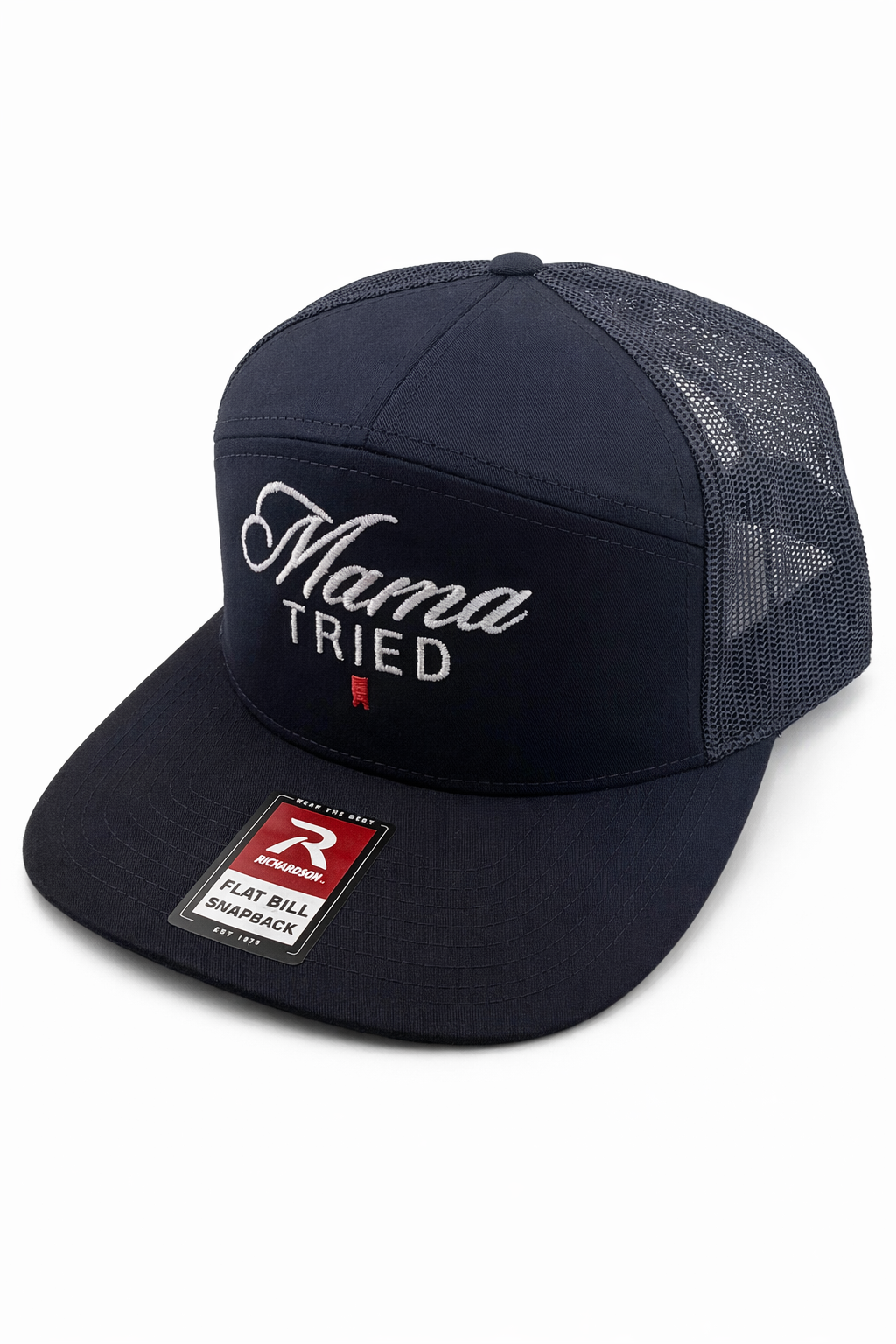 Navy blue five-panel trucker hat with 