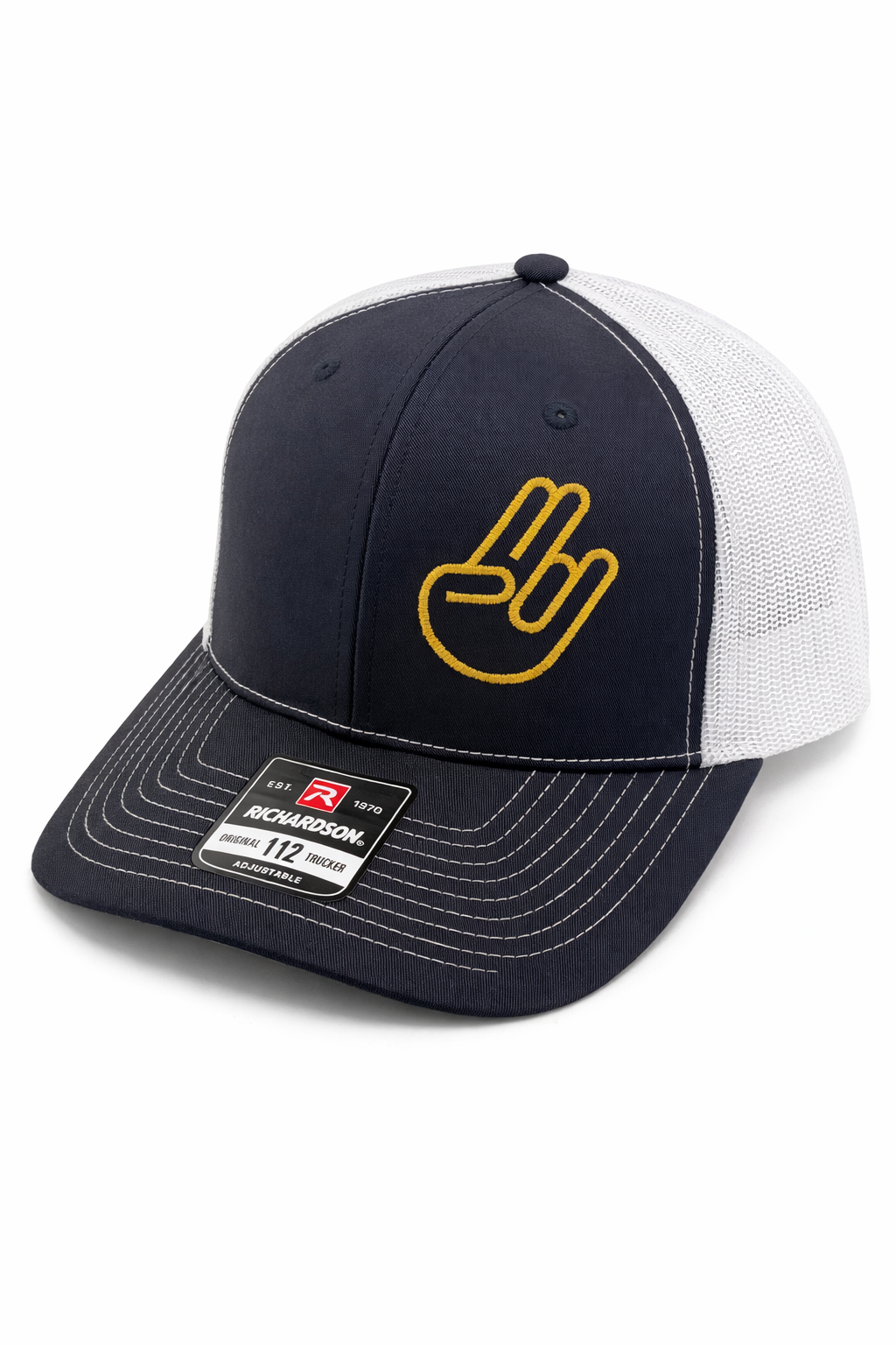 A navy blue and white mesh baseball cap featuring a yellow embroidered hand symbol on the front panel.