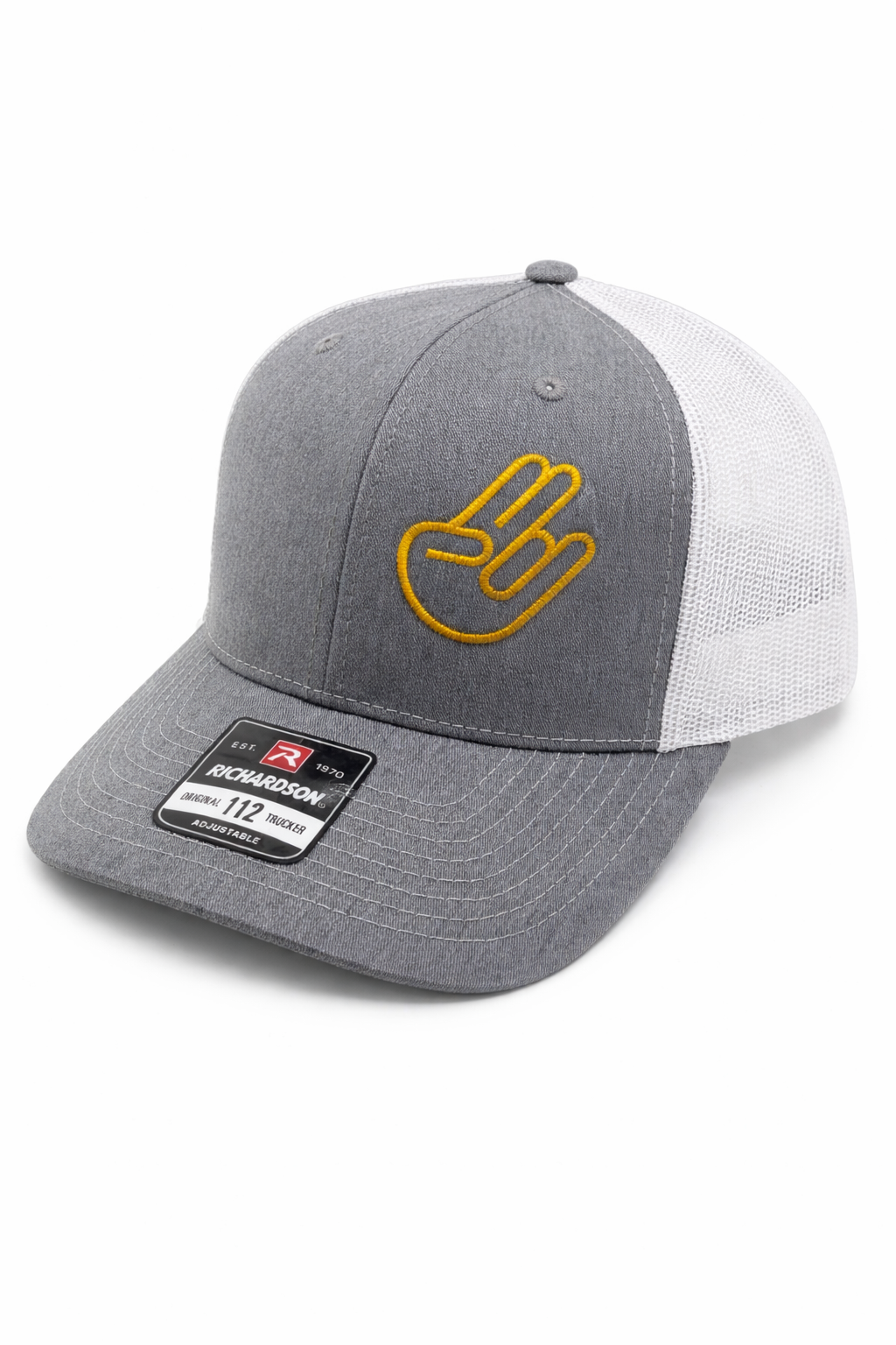A grey trucker-style cap with a white mesh back and a yellow embroidered hand gesture logo on the front.