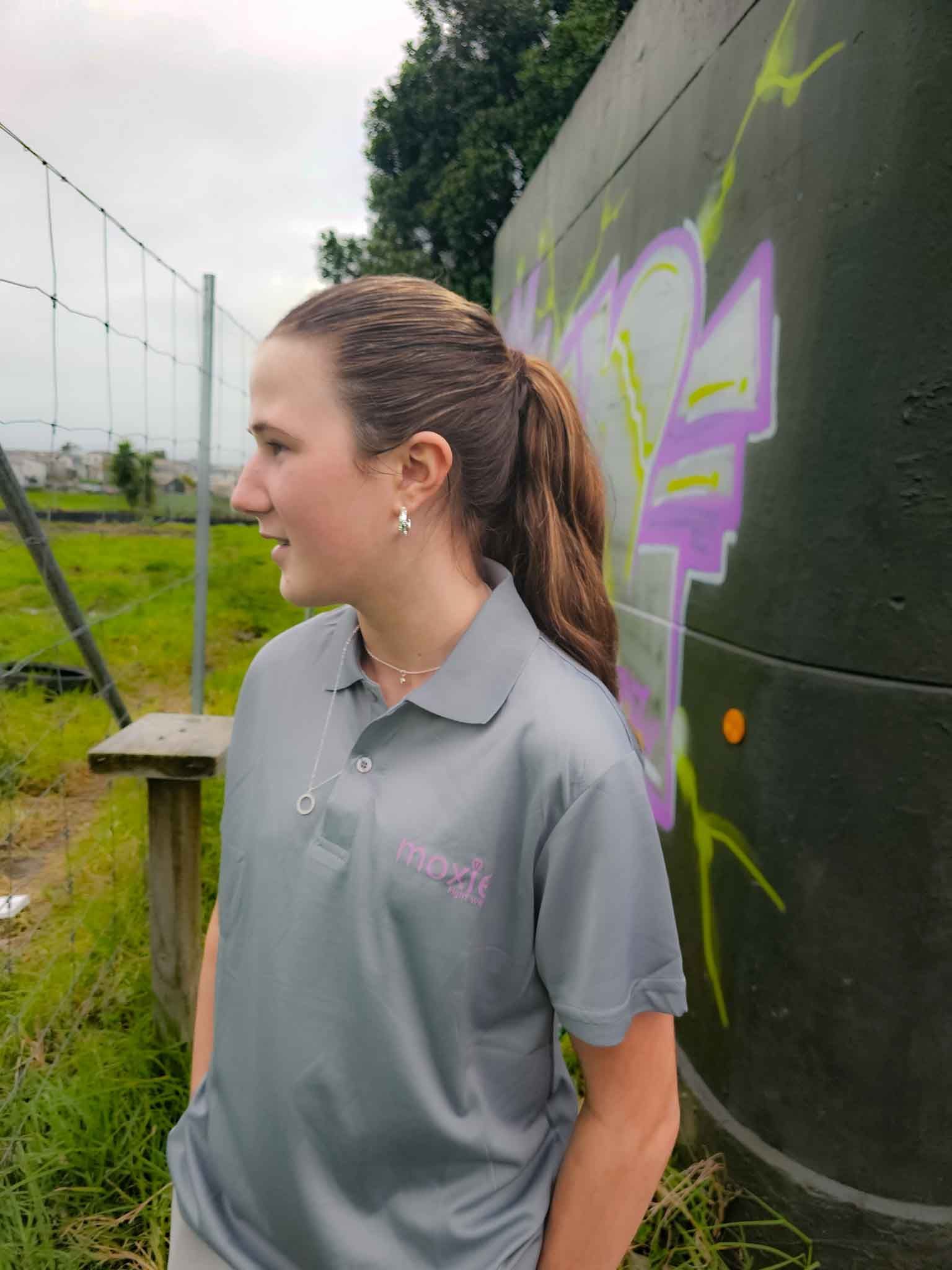 Moxie Fightwear Unisex Polo Neck Shirt grey with purpley-pink hue logo