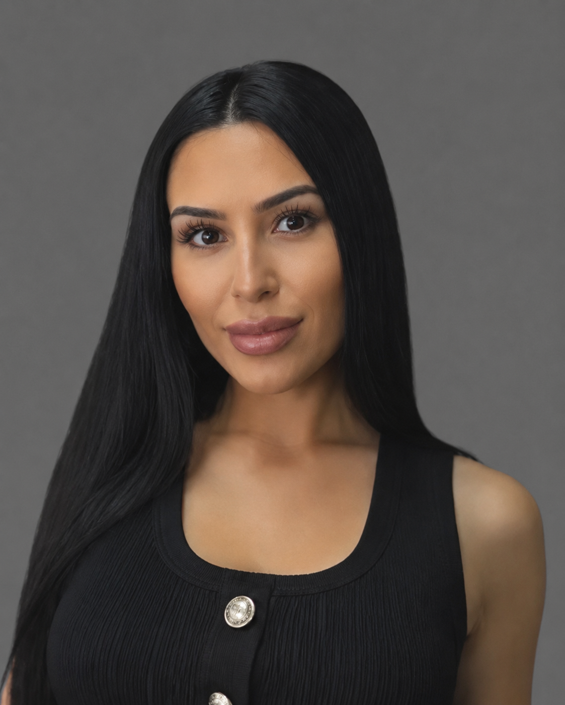 Portrait of a woman with long dark hair wearing a black top against a gray background
