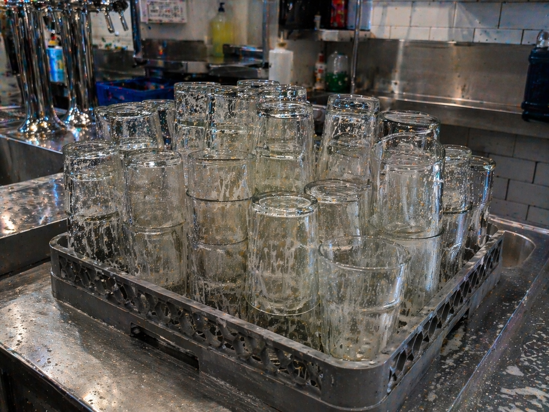 Stacked glassware in a commercial dishwasher tray, with water and stainless steel surfaces.