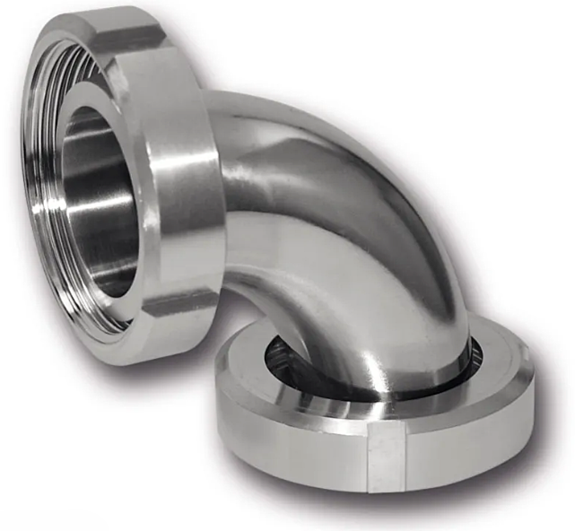 Um flange de aço inoxidável com um furo no meio em um fundo branco.