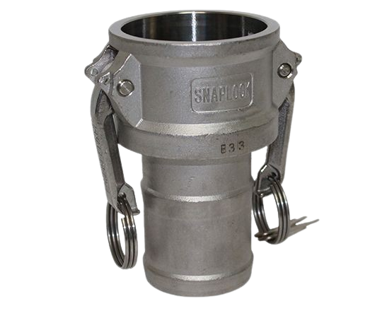 Um flange de aço inoxidável com um furo no meio em um fundo branco.