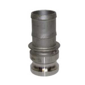 Um flange de aço inoxidável com um furo no meio em um fundo branco.