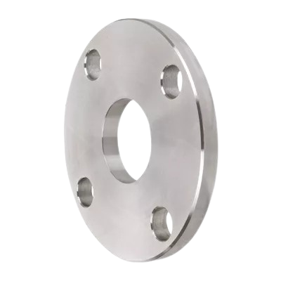 Um close de um flange de aço inoxidável em um fundo branco.