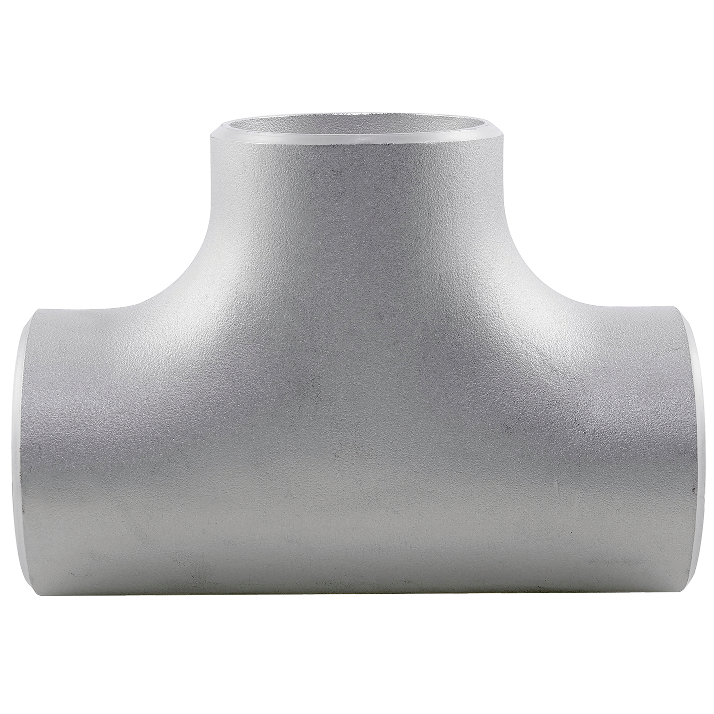 Um flange de aço inoxidável com um furo no meio em um fundo branco.
