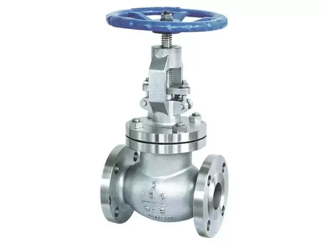 Uma válvula de gaveta de aço inoxidável com uma alça azul em um fundo branco.