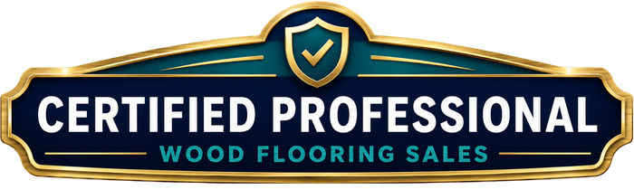 Gold-and-navy “Certified Professional” badge for wood flooring sales with a shield icon.