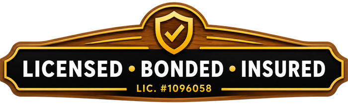 Gold-and-black license, bonded, insured badge with shield icon and license number 4106058