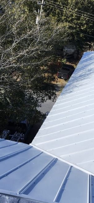 View from a roof, showing metal roofing and treetops in the background.