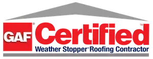 GAF Certified Weather Stopper Roofing Contractor logo with red and white text on a gray roof outline.