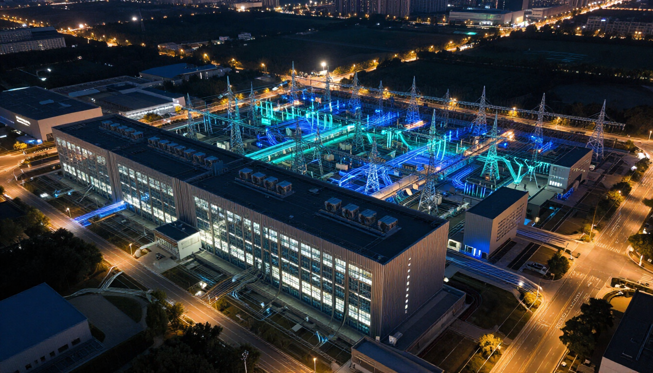 Aerial night view of a large, modern industrial electrical substation complex illuminated with blue and green lighting.