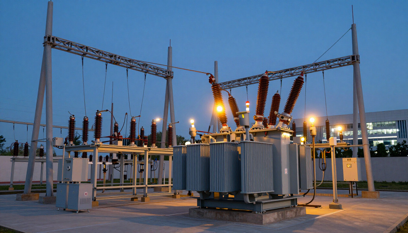A large industrial power transformer sits in an electrical substation at dusk, surrounded by tall steel structures.