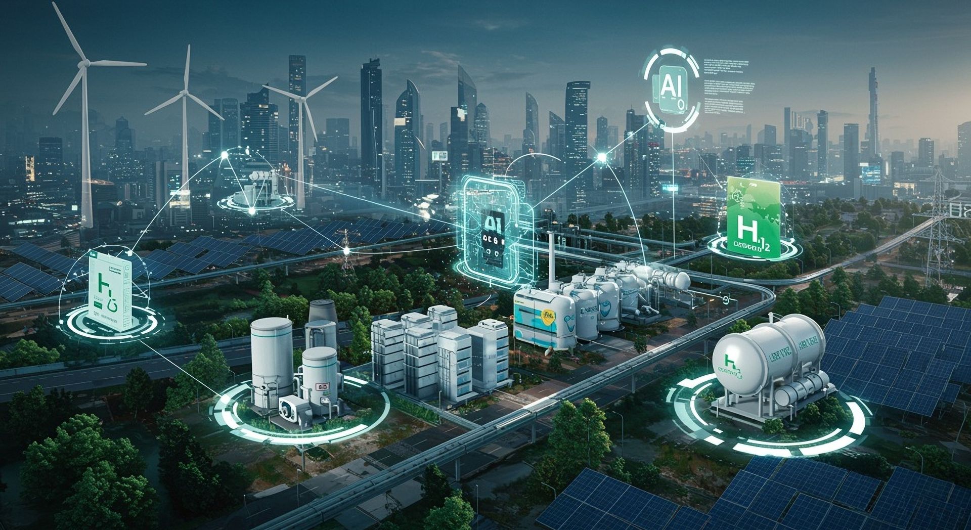 Digital illustration of a futuristic, sustainable city with wind turbines, solar panels, and hydrogen power facilities.