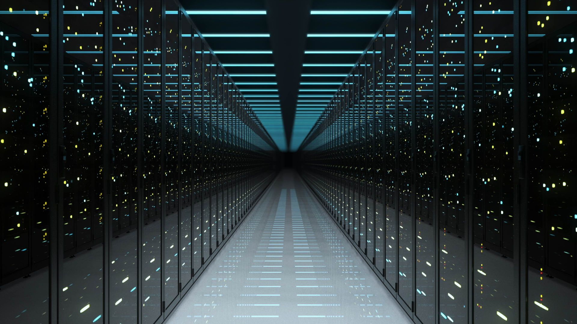 A symmetric perspective view of a long, dark server room aisle illuminated by overhead blue light panels.