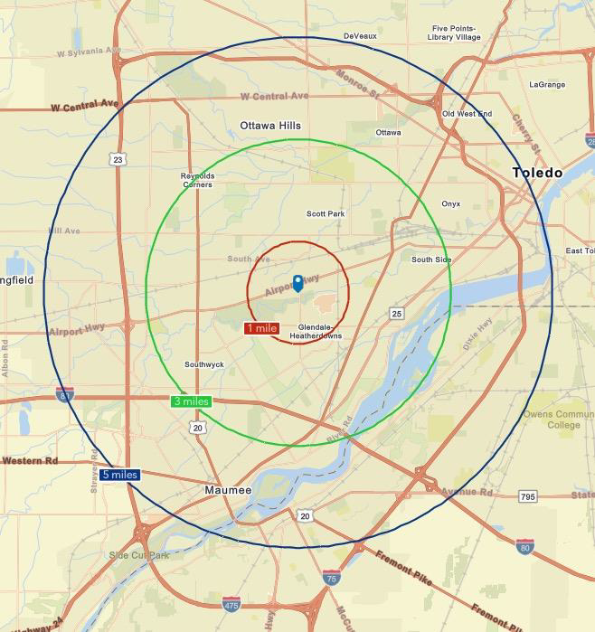 five mile radius