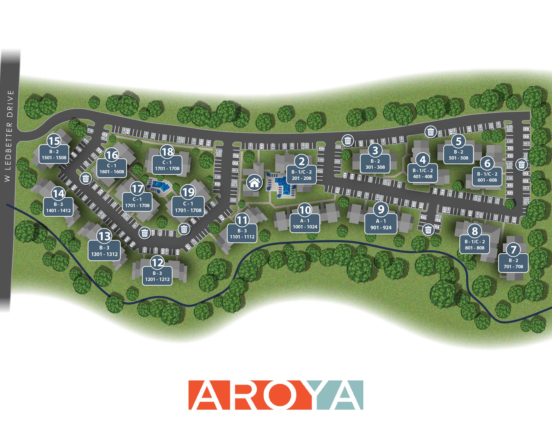 Apartment complex map with numbered buildings, roads, trees, and two pools, AROYA logo at bottom.