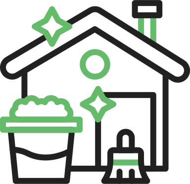 An icon of a house with potted plants and cleaning supplies.