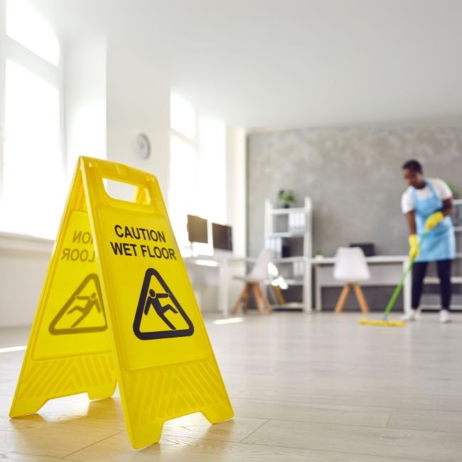 A yellow sign that says caution wet floor on it