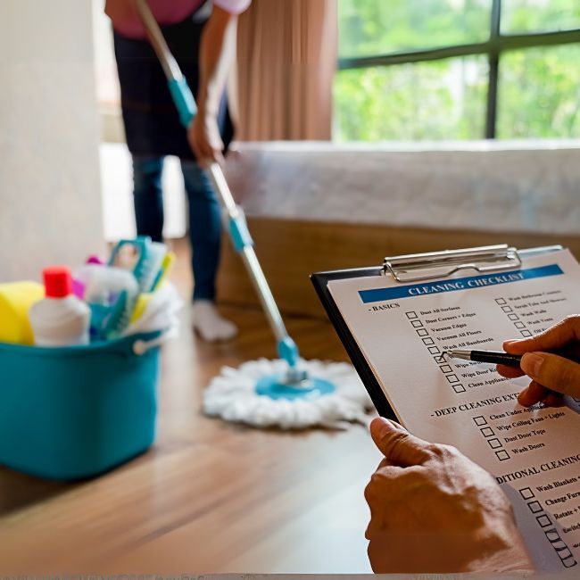 A person is writing on a clipboard while a woman mops the floor