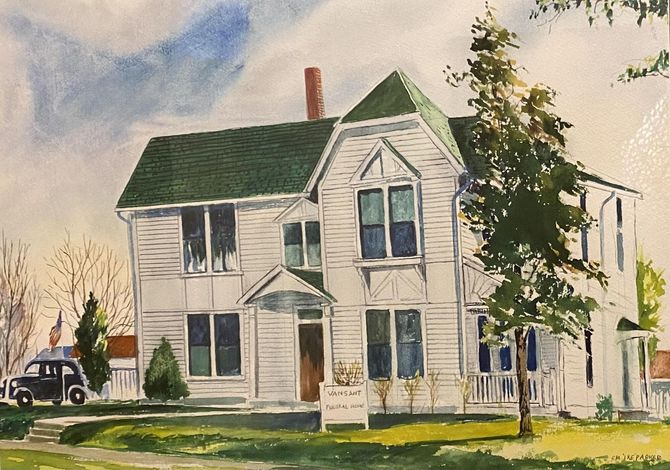 Watercolor painting of a two-story white house with green roof, tree in front, and a car parked in the side yard.