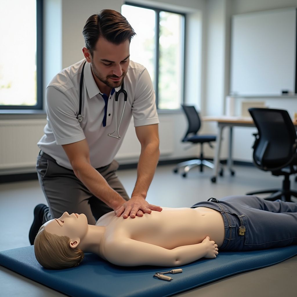 Mannequin receiving chest compressions from a man in a clinical setting.