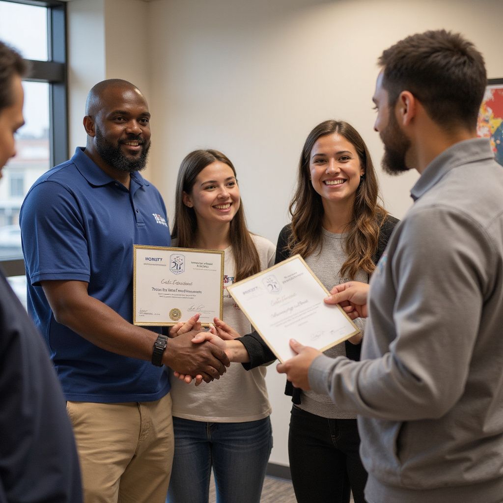 People in an office environment shaking hands and holding certificates.