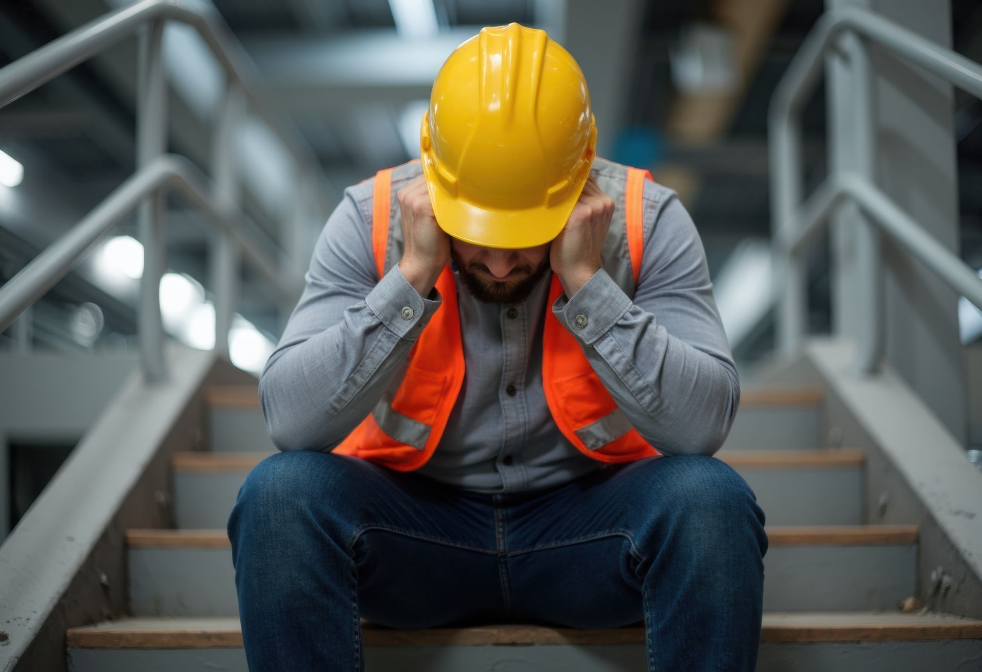 Construction worker, wearing a yellow hard hat and orange vest, sits on stairs, head in hands, looking dejected.