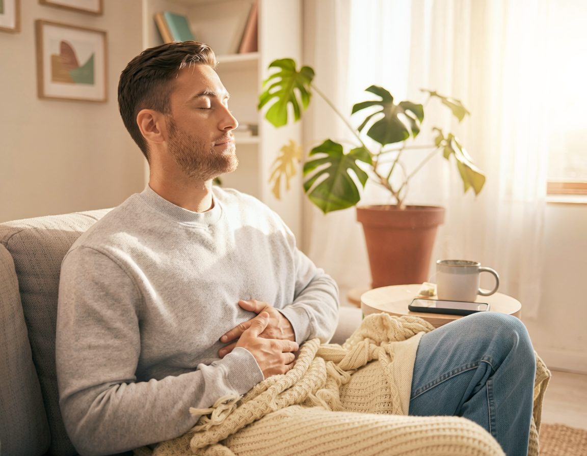 A person sits on a sofa, eyes closed, resting their hands on their stomach with a knitted blanket in a sunlit room.