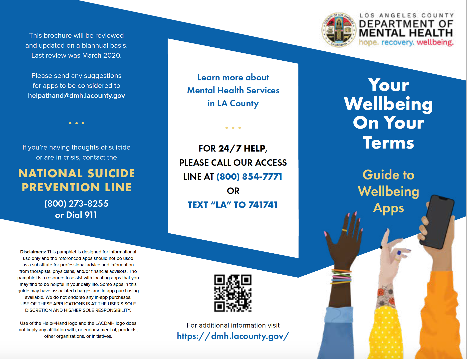 Brochure for mental health services in Los Angeles County. Features phone numbers, a QR code, and a guide to wellbeing apps.
