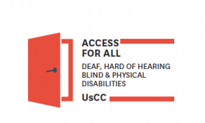 USCC accessibility logo with red door icon and text for deaf, hard of hearing, blind, and physically disabled